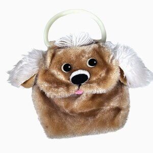 Vtg Russ Berrie Puppy Dog Purse Tan Felt Plastic Handle Girls Plush Bag